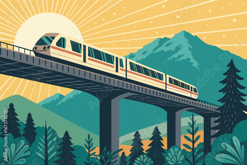 A vibrant poster, featuring a sol-powered elevated train, emitting a warm glow.