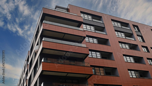 Exterior of ​​modern houses in new area of the city. Architectural detail of windows, balconies. Real estate, residential apartment and office building architecture