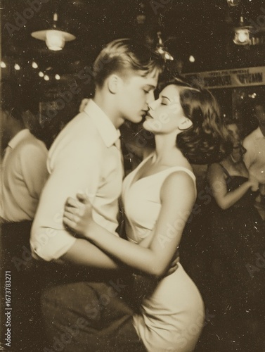 Romantic 1950s Couple Dancing in Vintage Ballroom Atmosphere