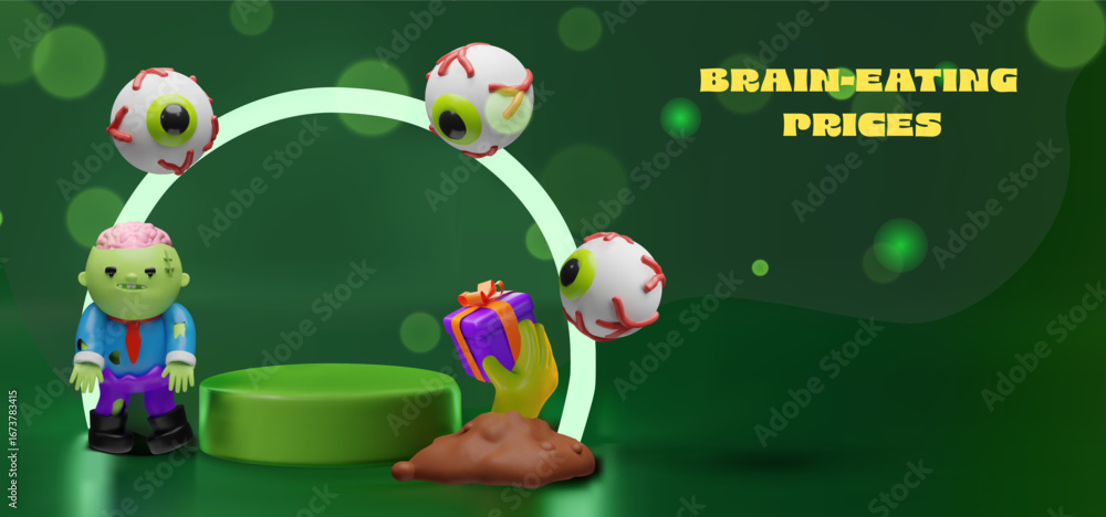 Fototapeta premium 3D illustration of a zombie character with floating eyeballs, a creepy hand holding a gift, a podium. Halloween sales, zombie party promotions, spooky event invitations, discount advertising banners.