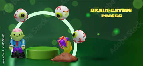 3D illustration of a zombie character with floating eyeballs, a creepy hand holding a gift, a podium. Halloween sales, zombie party promotions, spooky event invitations, discount advertising banners.