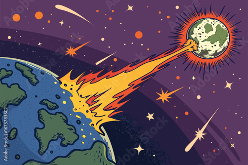 Terrifying global cataclysm meteor impact planet Earth, catastrophic destruction, fiery debris, global consequences, impending doom.
