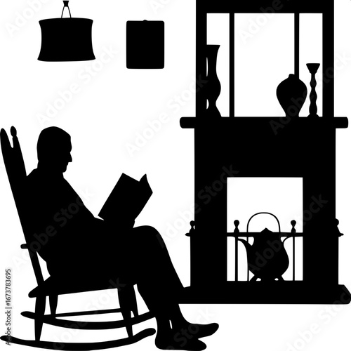 A serene black-and-white silhouette illustration: man in rocking chair, absorbed in a book, surrounded by soft domestic details, vintage style.