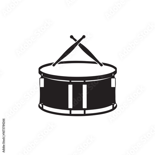 Vector art of black silhouette of a snare drum with drumsticks