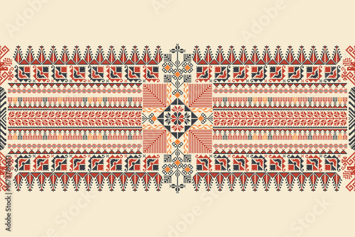 Traditional Tatreez embroidery horizontal seamless pattern, Palestinian border. Scalable vector design for print, background, template