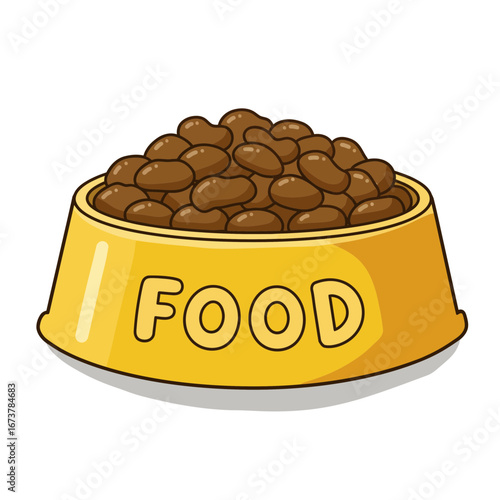 Cartoon Pet Food Bowl with Kibble – Yellow Dish Filled with Dog Food