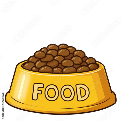 Cartoon Pet Food Bowl with Kibble – Yellow Dish Filled with Dog Food