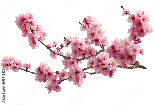 Beautiful pink cherry blossoms on a branch with a white background, perfect for spring and floral designs