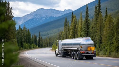 Oil tanker truck navigating winding mountain roads with safety equipment and hazmat placards clearly visible demonstrating specialized transportation for dangerous goods