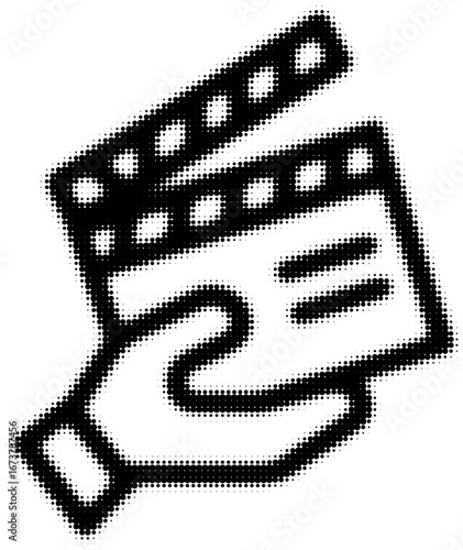 Hand holding a clapperboard in monochrome dotted style. Vector illustration
