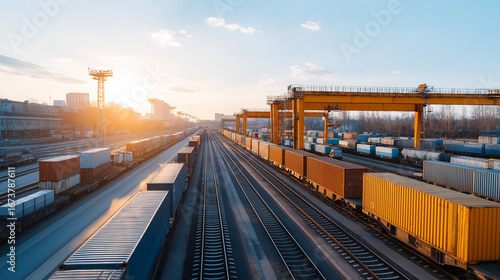 Railway freight yard with multiple cargo trains being loaded by overhead cranes featuring intermodal containers and logistics coordination systems under industrial lighting rail