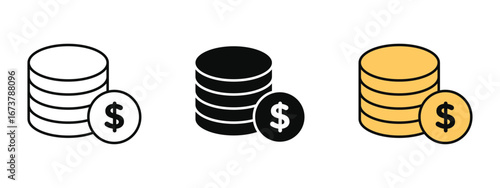Coins icon set with outline, solid, and colored styles with white background for economy, trading, and finance apps.