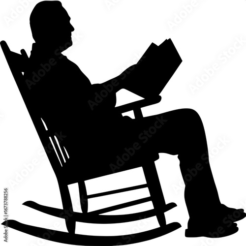 Vintage-style black silhouette of a middle-aged man in a rocking chair, reading, positioned to the right side of the frame, soft overhead glow implied.