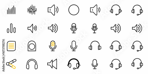 Modern set of audio and communication icons representing podcasting, music and audio engineering tasks