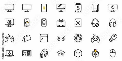 Fun doodle icons set for digital life, from gaming to tech gadgets and entertainment, perfect for blogs