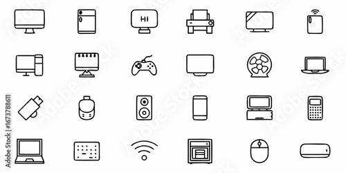 Modern line art icons of tech devices for creative projects and website design, originally a scalable vector graphic