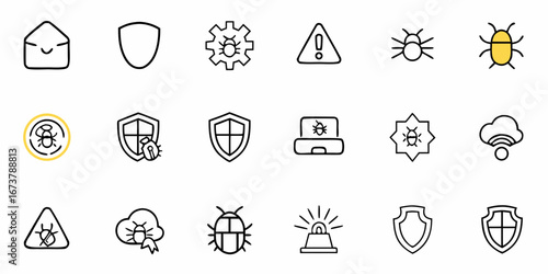 Cybersecurity protection icons depict threat detection and antivirus defense for cloud security, network and data safety