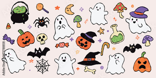 cute halloween doodle illustration set with ghosts pumpkins bats candy mushrooms potions and witch hats on pastel background, hand drawn kawaii cartoon style for kids or party decoration