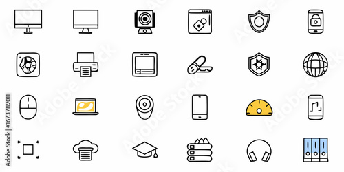 Modern tech icons for websites and apps, simple design, computers and security, scalable line art