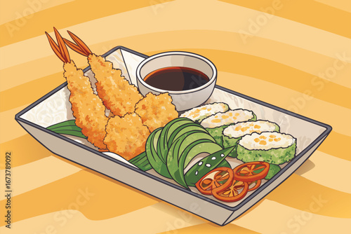 Vibrant tempura shrimp and assorted crisp vegetables artfully arranged on a stylish poster.