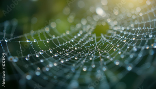 Spider web covered with morning dew drops in nature