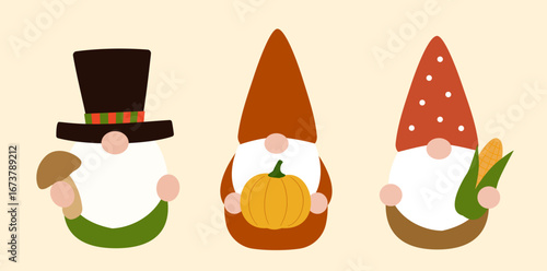 Autumn harvest gnome element design set.
Autumn gnomes holding mushrooms, pumpkins and corn.
Thanksgiving gnome flat stock vector illustration.
For harvest festival, Thanksgiving. 
