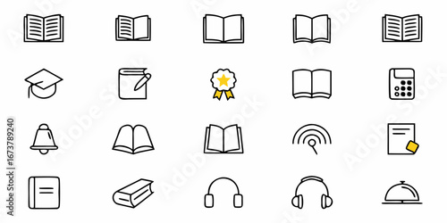 Diverse learning resources icons, books, graduation cap, headphones, calculator for modern education