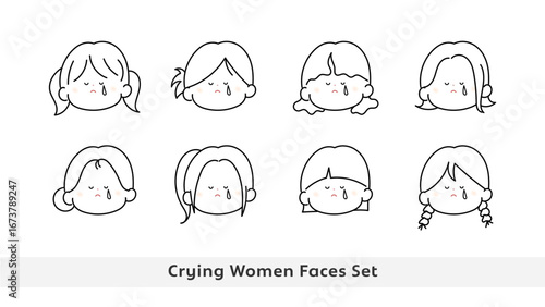 悲しむ女性 顔イラストセット 線画