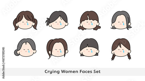 悲しむ女性 色付きの顔イラストセット