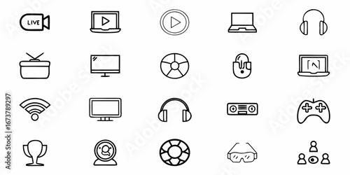 Modern technology icons for social media platform, podcasting and streaming, communication and entertainment