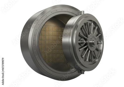 Isolated metal bank vault with safe deposit boxes, locked facility, protection storage security