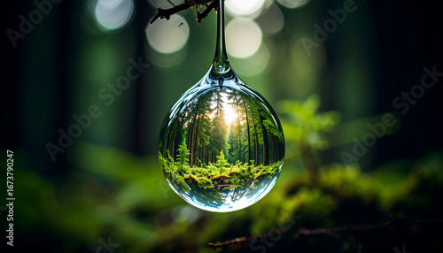 Water droplet reflecting forest scene hanging from a branch in natural light