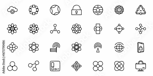Modern outline icons representing technology, science, connection, and security, ideal for web and app design