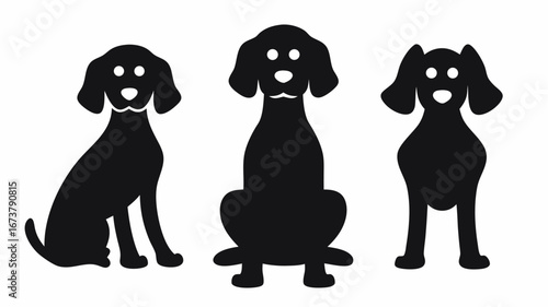 Three cartoon dogs in black silhouette with different ear styles sitting and posing nicely together | editable eps vectors