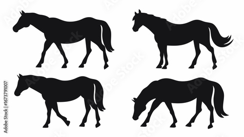 Four horse silhouettes in different poses standing walking and grazing on a white background graphic design | editable eps vectors