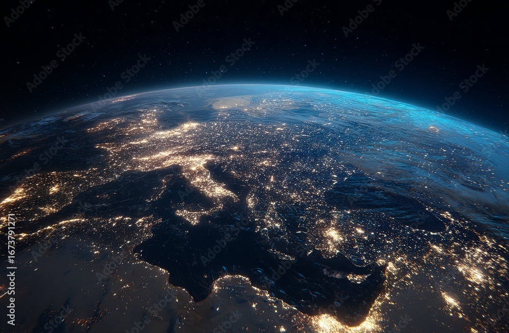 Fototapeta premium A high-angle view of Earth from space at night, showcasing the intricate network of city lights illuminating continents and oceans, symbolizing global connectivity and human presence across the planet