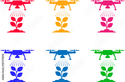 Smart Farming Drone Icon Set for Grain Crops. Colorful vector collection of drones monitoring and spraying wheat. Icons for precision agriculture and agrotech.