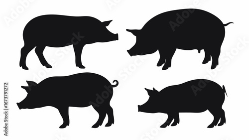 Four silhouette depictions of pigs in varying poses and sizes against a white background scene view | editable eps vectors