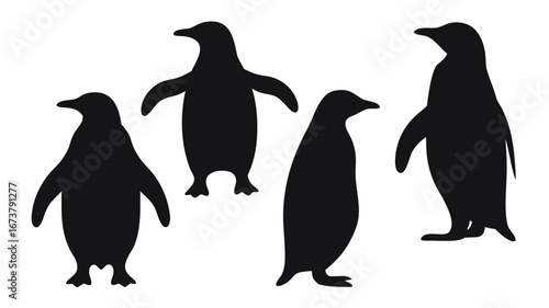 Four penguin silhouettes standing in different poses against a white background design element vector | editable eps vectors
