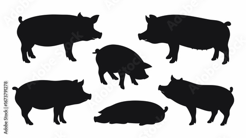 Silhouette illustration showing a group of pigs in various poses against a white background space here | editable eps vectors