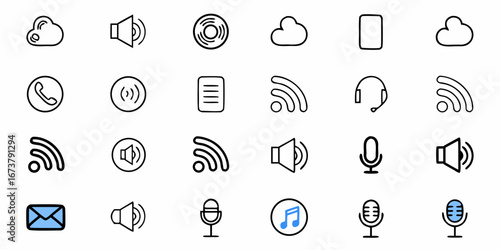 Modern icons for communication, technology, and audio on a white background, vector style.