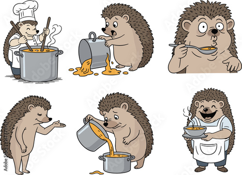 Cartoon hedgehog cooking scenes, cute chef animal illustration, funny culinary character, kitchen teamwork, soup preparation, playful cooking mishap, adorable food art vector design