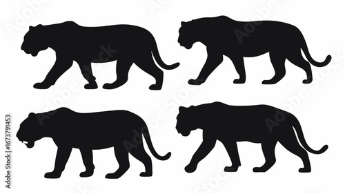 Four black panther silhouettes walking in different poses on a white background design element | editable eps vectors