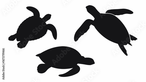 Three sea turtle silhouettes swimming in different directions on a white background creating a pattern | editable eps vectors