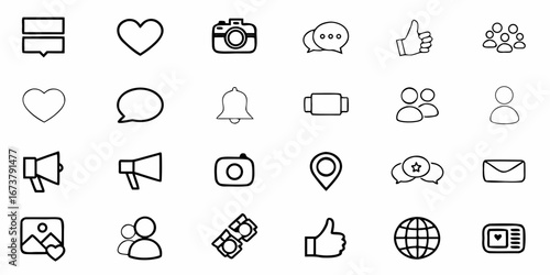 Social media icons collection featuring hearts, cameras, chat bubbles, likes, and people for modern communication.
