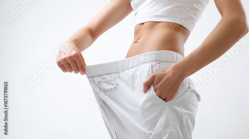 woman body weight loss and pulling her pants and showing that lost weight and become slimmer