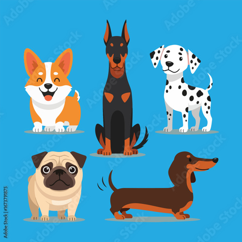 Cartoon illustration of four different dog breeds, displayed in a playful, flat design style.
