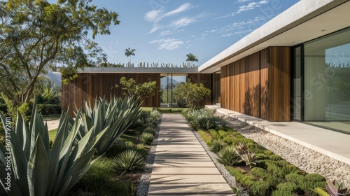 Modern house exterior with landscaped garden