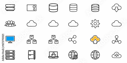 Modern tech icons for cloud computing, data storage, networking, and digital business solutions
