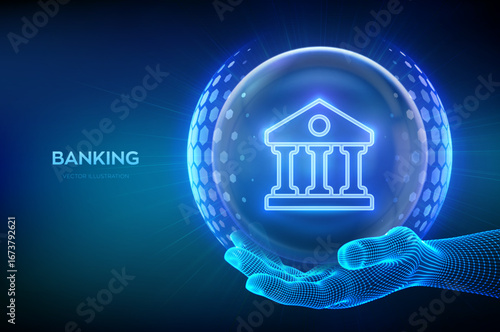 Banking. Online banking payment. Secure transactions. Financial data protection. Cyber security. Finance networking. Glass transparent sphere with surface of hexagons with Bank icon in hand. Vector.